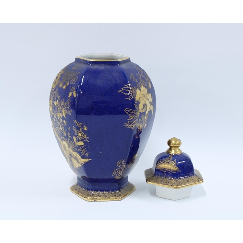 91 - Wilton Ware blue ground vase and cover  with chinoiserie gilt pattern, 24cm.