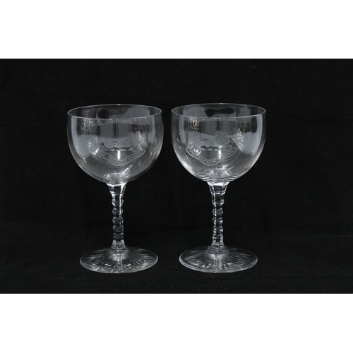 93 - A pair of wheel engraved armorial wine glasses, etched motto of Louis XVI 'nec pluribus imbar', (2) ... 