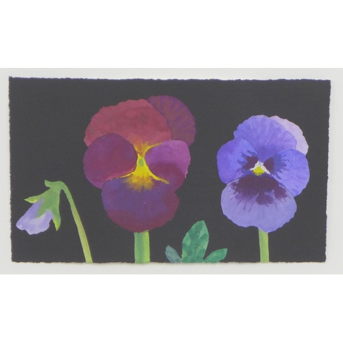 189 - Nerys A Johnson (1942 - 2001), 'Copper and blue pansies with pale blue bud leaf', gouache on paper, ... 