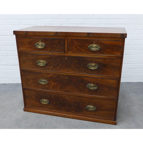 275 - Georgian flame mahogany chest with two short and three long drawers, 92 x 105 x 45cm.