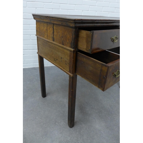 277 - Georgian oak and walnut veneered lowboy, the rectangular top over four frieze drawers with brass han... 