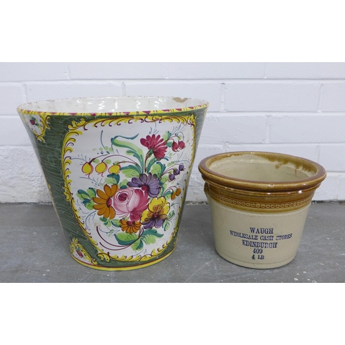 416 - Waugh stoneware crock and a Portuguese pottery planter (2) 27cm