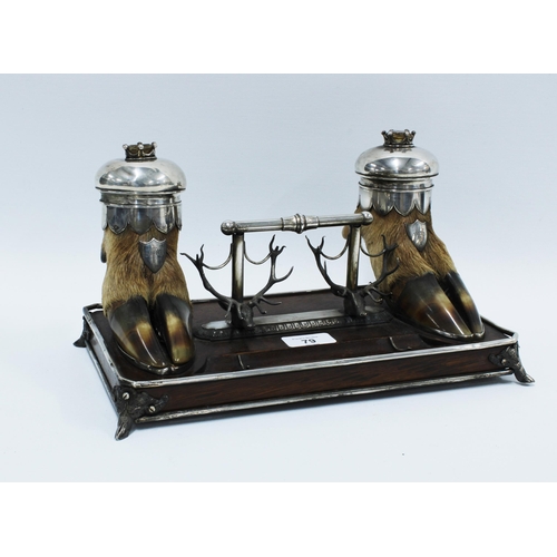 79 - Scottish Provincial double inkwell, Arthur Medlock with two hoof inkwells with white metal covers ce... 