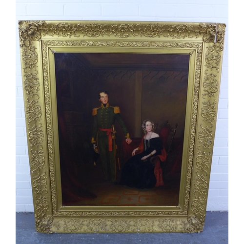 10 - English School oil on canvas of an Officer and Lady, apparently unsigned, contained within an ornate... 