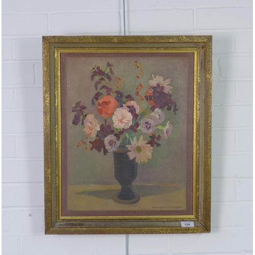 120 - Winifred McKenzie (1905 - 2001) still life of flowers, oil on canvas, signed and framed under glass,... 