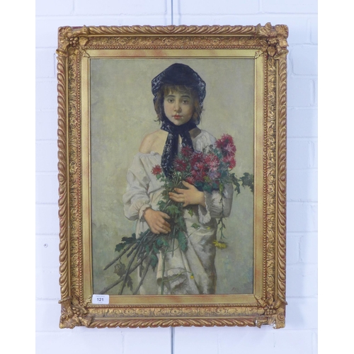 121 - European School, portrait of a young girl holding flowers, oil on canvas, monogrammed ARV bottom rig... 