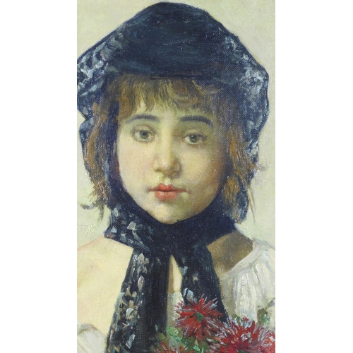 121 - European School, portrait of a young girl holding flowers, oil on canvas, monogrammed ARV bottom rig... 