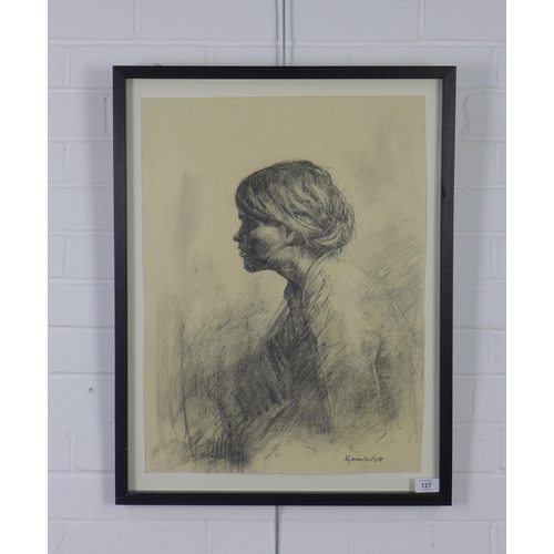 127 - Roar Kjaernstad (Norwegian b.1975.) half length chalk drawing of a lady, signed and dated 09, framed... 