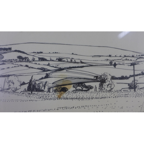 135 - Callender, pen and ink landscape, signed and dated 70, framed under glass 57 x 42cm