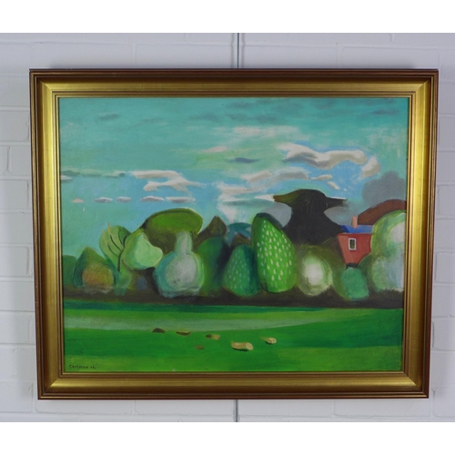 3 - Gommon, Rural landscape with red cottage, oil on canvas, signed and dated 76, in a giltwood frame, 7... 