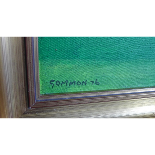 3 - Gommon, Rural landscape with red cottage, oil on canvas, signed and dated 76, in a giltwood frame, 7... 