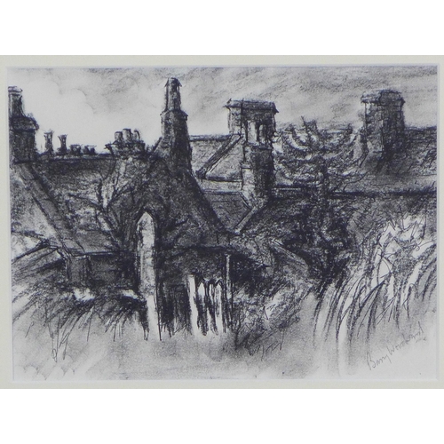 37 - Barry Woodward, 'Border Roofs', charcoal & ink on paper, signed and framed under glass with label ve... 