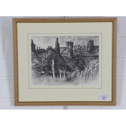 37 - Barry Woodward, 'Border Roofs', charcoal & ink on paper, signed and framed under glass with label ve... 