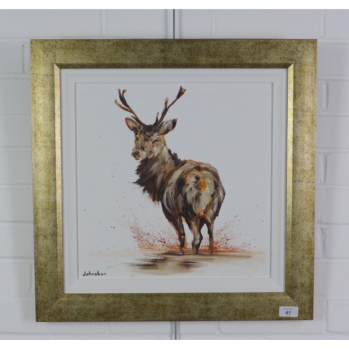 41 - Elaine Johnston, Stag, oilon canvas, signed, framed, 39 x 39cm