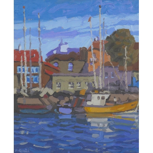 42 - Tony Gillespie (Scottish) 'Little Harbour Near La Rochelle', oil on board, signed and framed under g... 