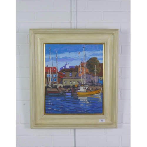 42 - Tony Gillespie (Scottish) 'Little Harbour Near La Rochelle', oil on board, signed and framed under g... 