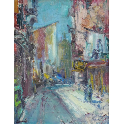 44 - Hamish Lawrie (Scottish 1919-1987) Venice street scene, oil on board, signed and framed, 35 x 45cm