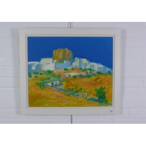 45 - Ronald F Smith, RSW RGI PAI (SCOTTISH B 1946), View of Patmos, oil on board, signed and framed, 60 x... 