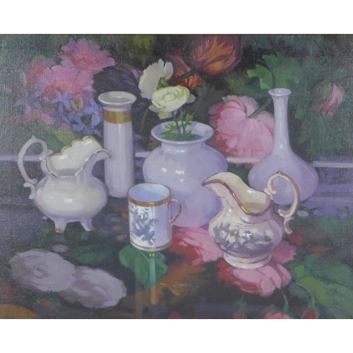 48 - Anne Donald,  (Scottish b.1943) Still life with white pot, oil on canvas, signed and framed under gl... 