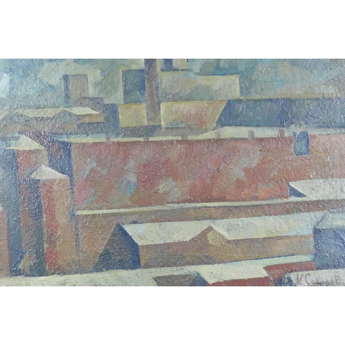 49 - Kirilll Sokolov (Russian) 'Winter Roofs', oil on board, signed and framed, 44 x 64cm