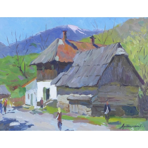 50 - Alexander Artomov, 'Village Street', oil on board, signed and framed, 44 x 33cm