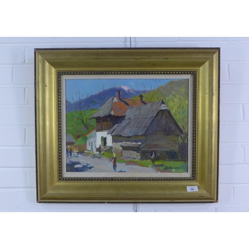 50 - Alexander Artomov, 'Village Street', oil on board, signed and framed, 44 x 33cm