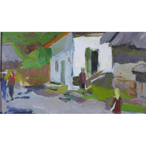 50 - Alexander Artomov, 'Village Street', oil on board, signed and framed, 44 x 33cm