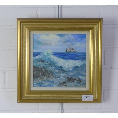 51 - Leila Aitken, (Contemporary) Bass Rock, oil on canvas board, signed and framed under glass, 18 x 18c... 