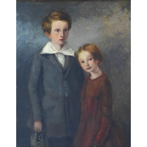 53 - English School oil on board of two children, probably brother and sister, oil on board, apparently u... 