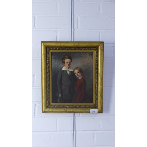 53 - English School oil on board of two children, probably brother and sister, oil on board, apparently u... 