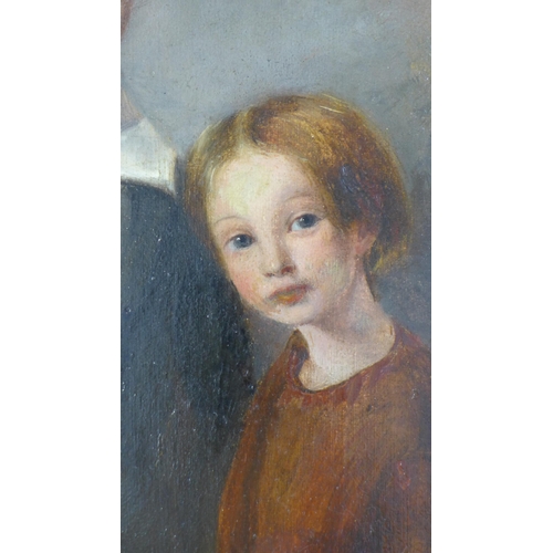 53 - English School oil on board of two children, probably brother and sister, oil on board, apparently u... 