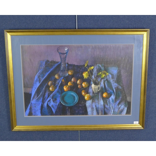 6 - Stephen Ward, Blue & Yellow still life, pastel on paper, under glass within a gilt frame, label vers... 