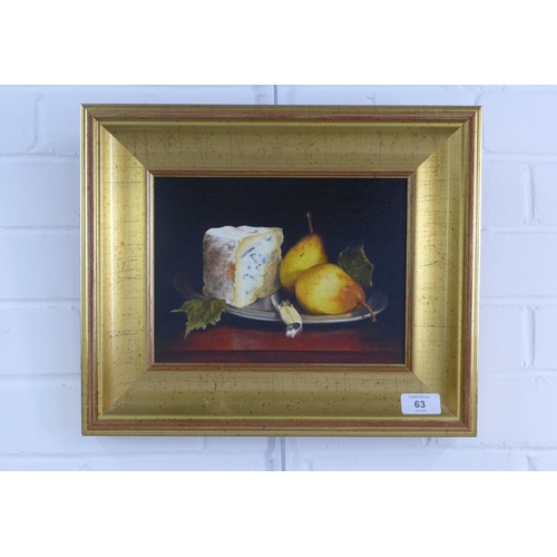 63 - Hilary Gauci, Stilton & Pear on Pewter still life, oil on board, signed, in a gilt frame, 25 x 18cm