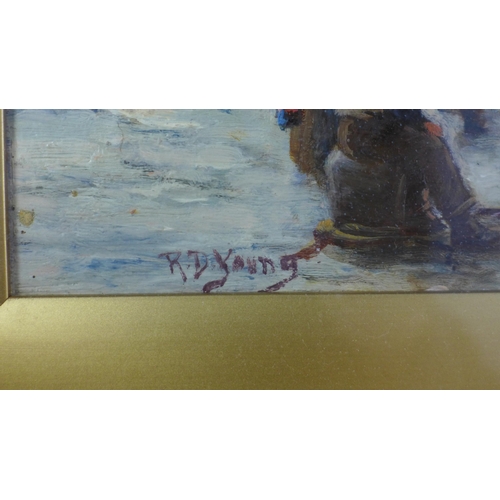 71 - R.D Young, 'Dunbar Harbour', oil on board, signed and framed under glass within an ornate frame, 40 ... 