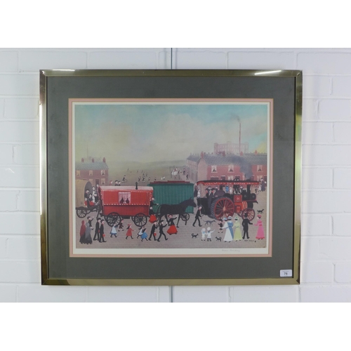 76 - Helen Bradley, (British 1900-1979) 'Big Bertha comes to Lees', coloured print with Blind Stamp, fram... 