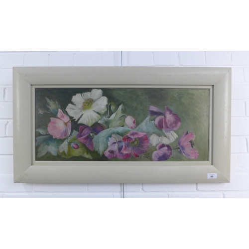 86 - 20th century School , Anemones Still Life, oil on board, apparently unsigned, framed, 70 x 30cm