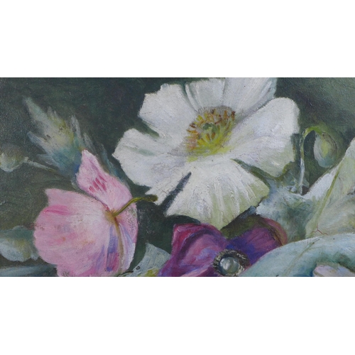 86 - 20th century School , Anemones Still Life, oil on board, apparently unsigned, framed, 70 x 30cm