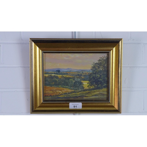 91 - Edward Stamp, 'Distant Chilterns September', acrylic framed under glass, 19.5 x 14cm