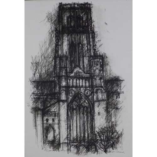 12 - David Venables, (British) 'Durham Cathedral', charcoal, signed and framed under glass, 49 x 69cm