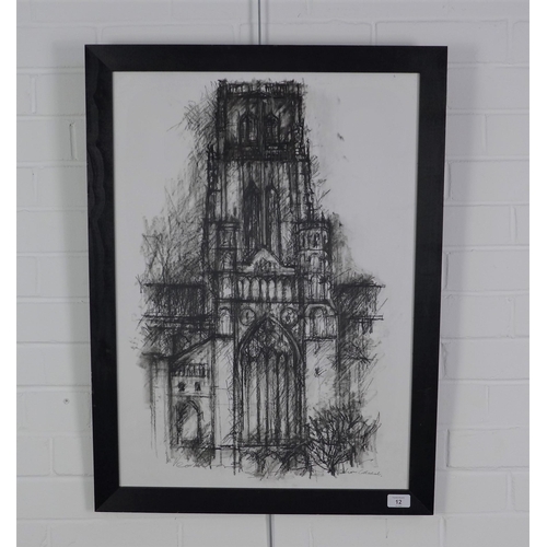 12 - David Venables, (British) 'Durham Cathedral', charcoal, signed and framed under glass, 49 x 69cm