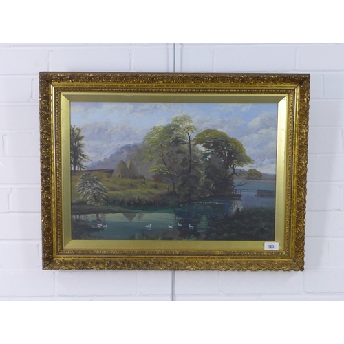 123 - RE Richardson, Rural landscape with lake, gouache, signed and dated 1900, under glass within an orna... 