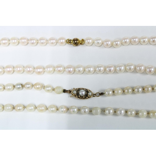 13 - Strand of cultured pearls with a 9ct gold pearl clasp fitting and another single strand of cultured ... 