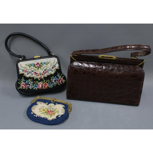 160 - Vintge brown leather handbag and two tapestry handbags, (3)