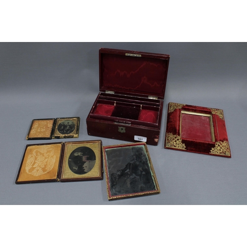 161 - Late 19th / early 20th century red leather jewellery box, red velvet frame with brass mounts and fou... 