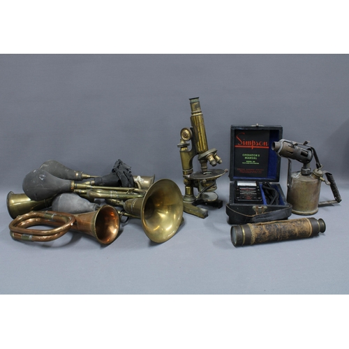 165 - Early 20th century brass car horns, microscope, telescope, Simpson Volt Amp Wattmeter and a blow tor... 