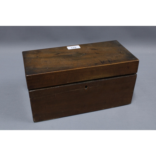 170 - 19th century mahogany tea caddy, with two lead lined divisions and a glass mixing bowl, 30cm long