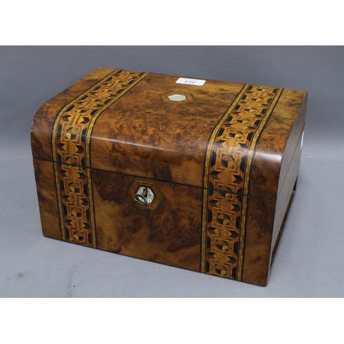 172 - 19th century burr walnut and marquetry inlaid workbox, with interior mirror and compartments, missin... 