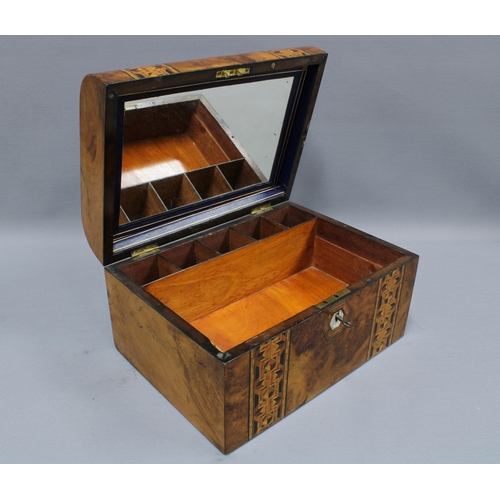 172 - 19th century burr walnut and marquetry inlaid workbox, with interior mirror and compartments, missin... 