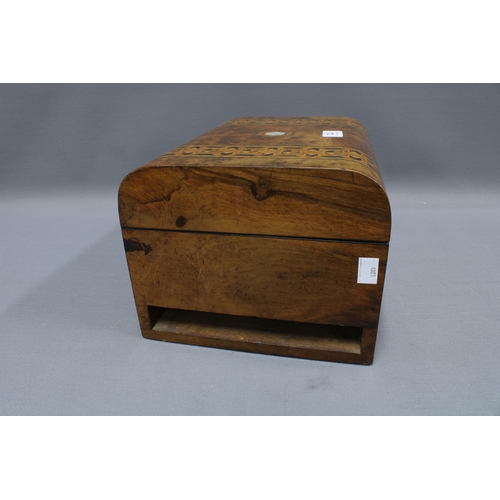 172 - 19th century burr walnut and marquetry inlaid workbox, with interior mirror and compartments, missin... 