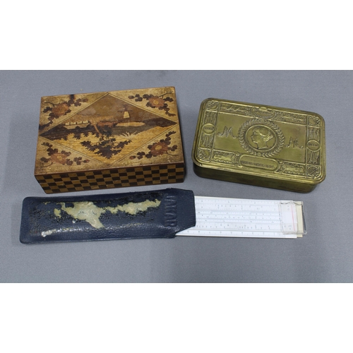 174 - WWI brass Christmas tin, Japanese inlaid box and an early 20th century Jakar ruler (3)